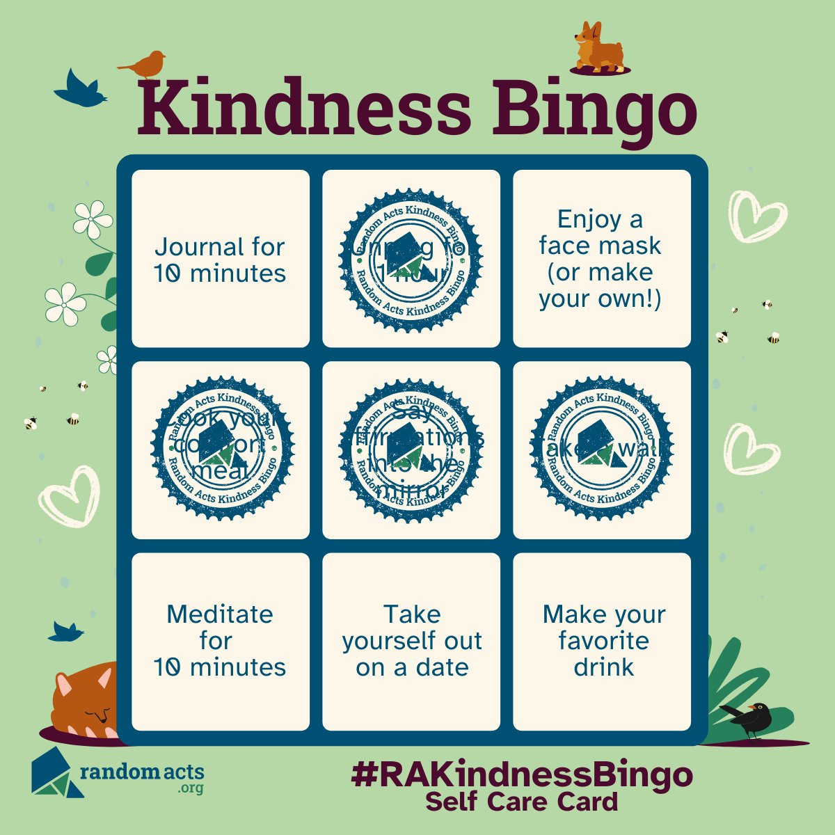 How are you doing with our current #RAKindnessBingo? I did a couple of acts yesterday. 💙💚

– Krissi