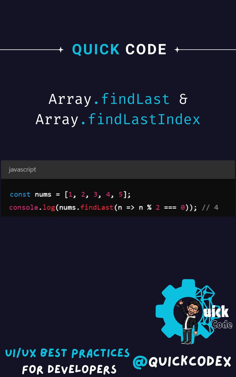 quickcodex's tweet image. Exploring ES2023 Features in JavaScript (Tweet 1)
✨ Array.findLast & Array.findLastIndex
No more reversing arrays to find the last matching element!
Simplify your searches! 🚀
#JavaScript #QuickCode #buildinpublic #100DaysOfCode