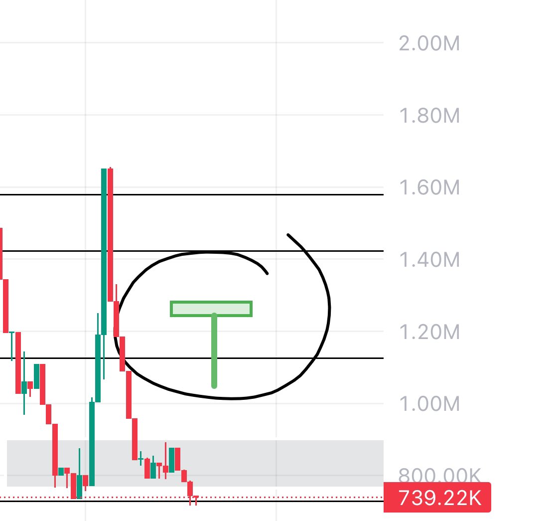 If $SLOP can close the daily candle above $740k / $0.00074 it will create a bullish dragonfly candlestick. Expecting some volume to flow in soon because of $TRUMP exits.