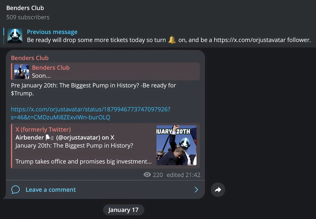 orjustavatar's tweet image. I shilled $TRUMP at a $180M MC in my private TG. 

Members made 171x in a day—around $900k!

Now I’m sharing some profit in public.

Will send up to $1,000 in $TRUMP tokens + invite 100 ppl in my private tg

Like, RT &amp;amp; reply “Bender”.

Make sure to follow me!