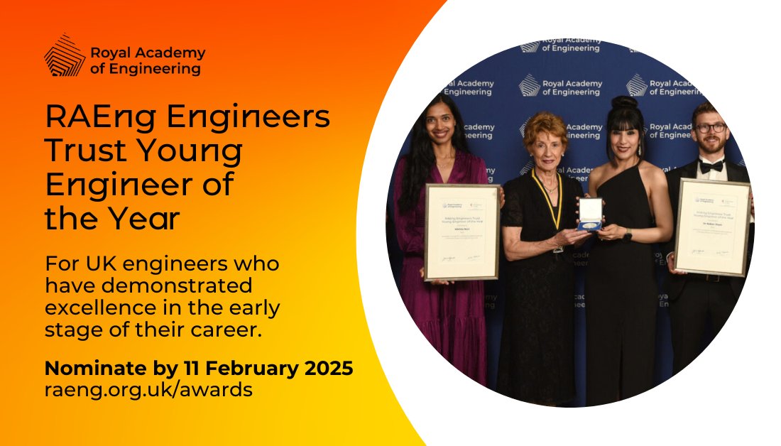 🌟 Do you know a rising star in engineering?

Nominate them for the RAEng Engineers Trust Young Engineer of the Year and they could receive a prize of £3,000. 

Recognise tomorrow’s engineering leaders 👇 
raeng.org.uk/programmes-and…