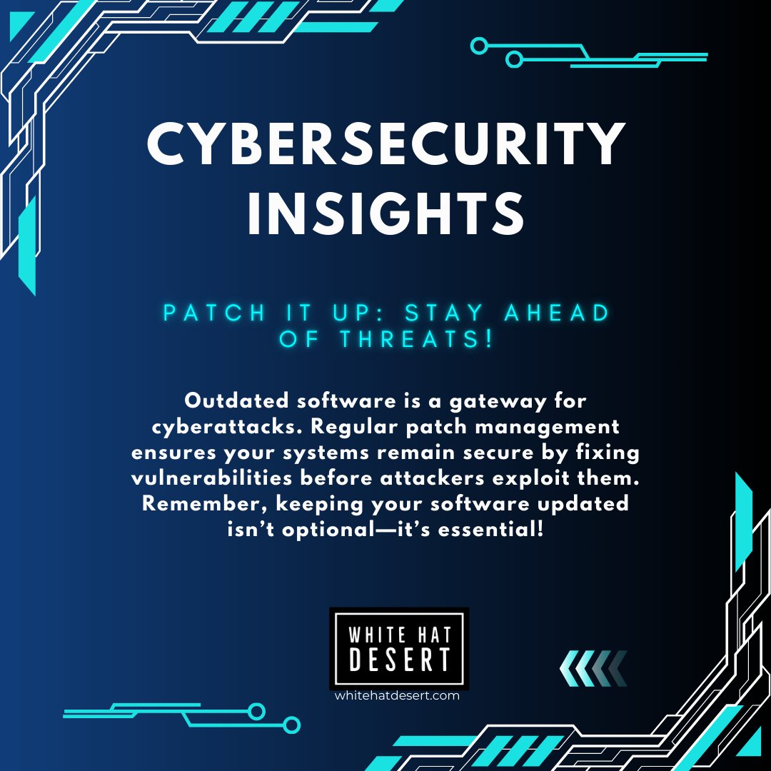 whitehatdesert's tweet photo. Outdated software is a common gateway for cyberattacks. Patch management isn't just IT work—it's crucial cybersecurity action. Regular updates close vulnerabilities before attackers can exploit them. Stay secure by staying updated! #Cybersecurity #PatchManagement #StaySecure #WHD https://t.co/H69Vw6Y1HT