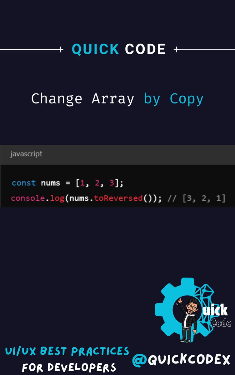 quickcodex's tweet image. Exploring ES2023 Features in JavaScript (Tweet 3)
📝 Change Array by Copy
Need to copy and modify arrays immutably?
Methods like toSorted and toSpliced make it easy! 💪
#JavaScript #QuickCode #buildinpublic #100DaysOfCode