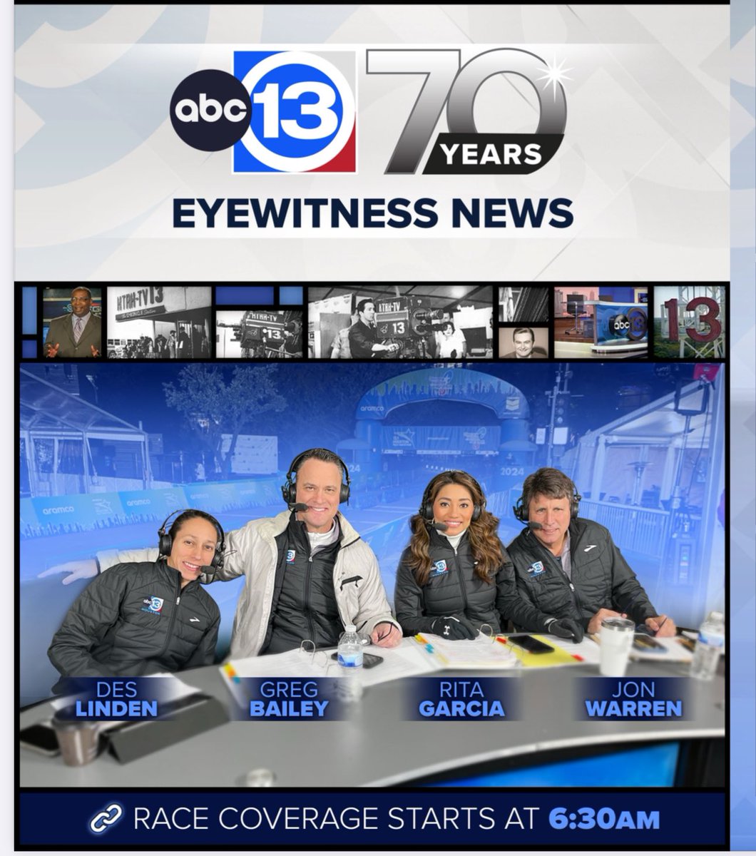 Rita Garcia (@ritaabc13) on Twitter photo The countdown is on to the Chevron <a href="/HoustonMarathon/">Houston Marathon</a>! Our coverage on <a href="/abc13houston/">ABC13 Houston</a> kicks off at 6:30AM. Don’t forget we are the exclusive television 📺 partner w/live updates, inspiring stories & great insight on the course. WATCH LIVE: ABC13.com/live #ABC13 #RunHou The countdown is on to the Chevron <a href="/HoustonMarathon/">Houston Marathon</a>! Our coverage on <a href="/abc13houston/">ABC13 Houston</a> kicks off at 6:30AM. Don’t forget we are the exclusive television 📺 partner w/live updates, inspiring stories & great insight on the course. WATCH LIVE: ABC13.com/live #ABC13 #RunHou