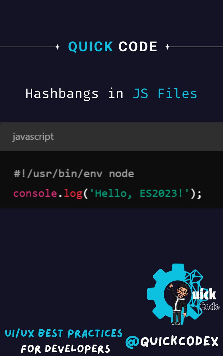 quickcodex's tweet image. Exploring ES2023 Features in JavaScript (Tweet 4)
🌐 Hashbangs in JS Files
Run Node.js scripts directly from CLI with hashbangs!
Save time when scripting! 🚀
#JavaScript #QuickCode #buildinpublic #100DaysOfCode