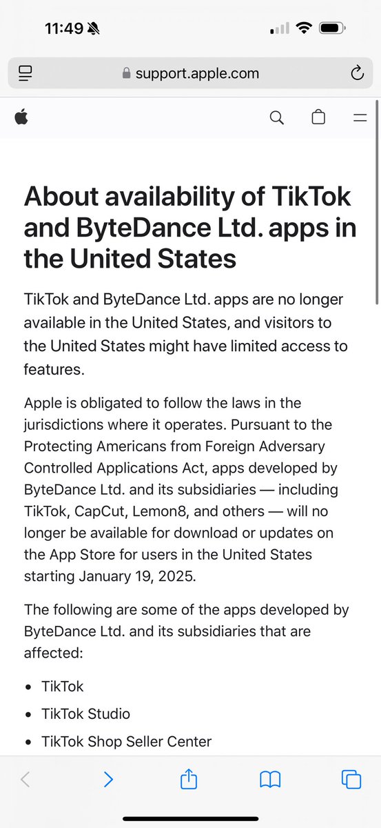 #APPLE en su web.  “Las aplicaciones #TikTok y #ByteDance Ltd. ya no están disponibles en los Estados Unidos, y los visitantes de los Estados Unidos pueden tener acceso limitado a las funciones”
La cosa está seria 🙁