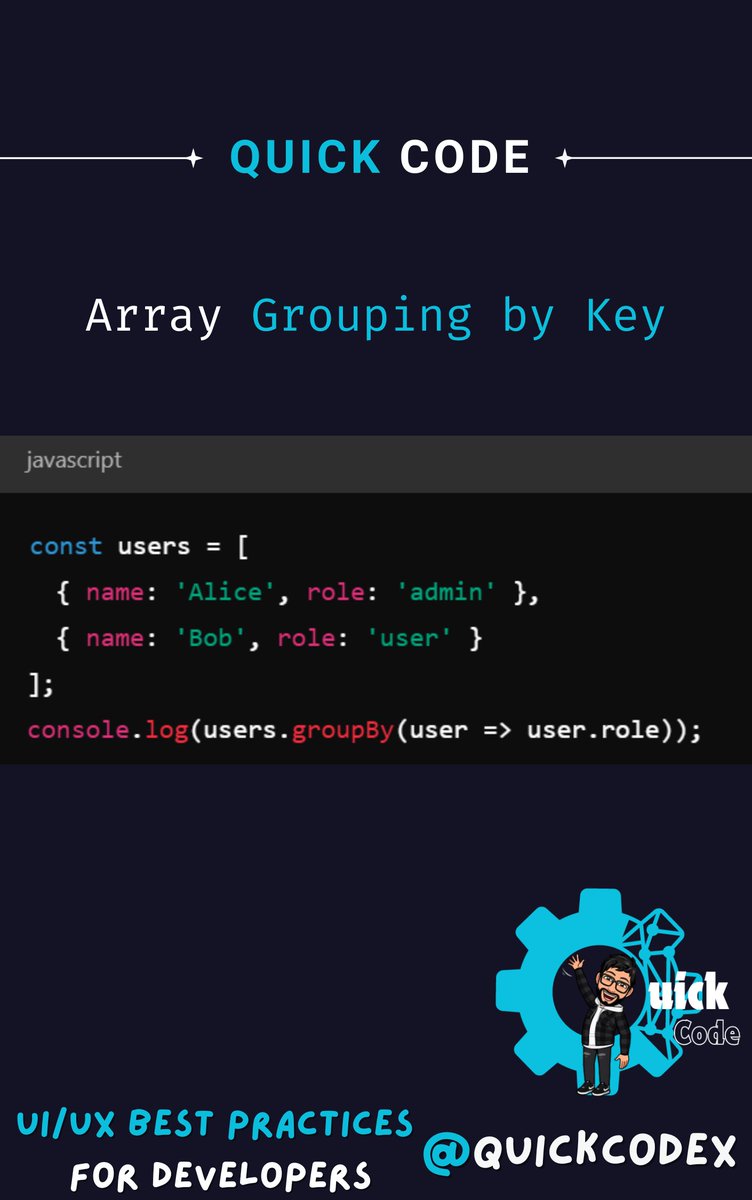quickcodex's tweet image. Exploring ES2023 Features in JavaScript (Tweet 6)
🔒 Array Grouping by Key
Group arrays like a pro!
Cleaner code, faster logic! 🚀
#JavaScript #QuickCode #buildinpublic