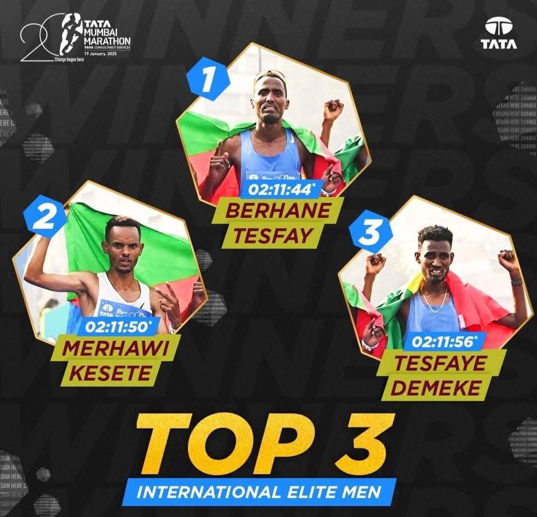 GirmaTelk's tweet photo. Two of its top Eritrean athletes, Berhane Tesfay 🇪🇷and Merhawi Kesete🇪🇷, won the Mumbai Marathon.
  Berhane finished the gold medal in 2:11:44 while Merhavi Kesete finished the silver medal in 2:11:5
 Congratulations, Eritrean athletes https://t.co/14AnCHIXoT