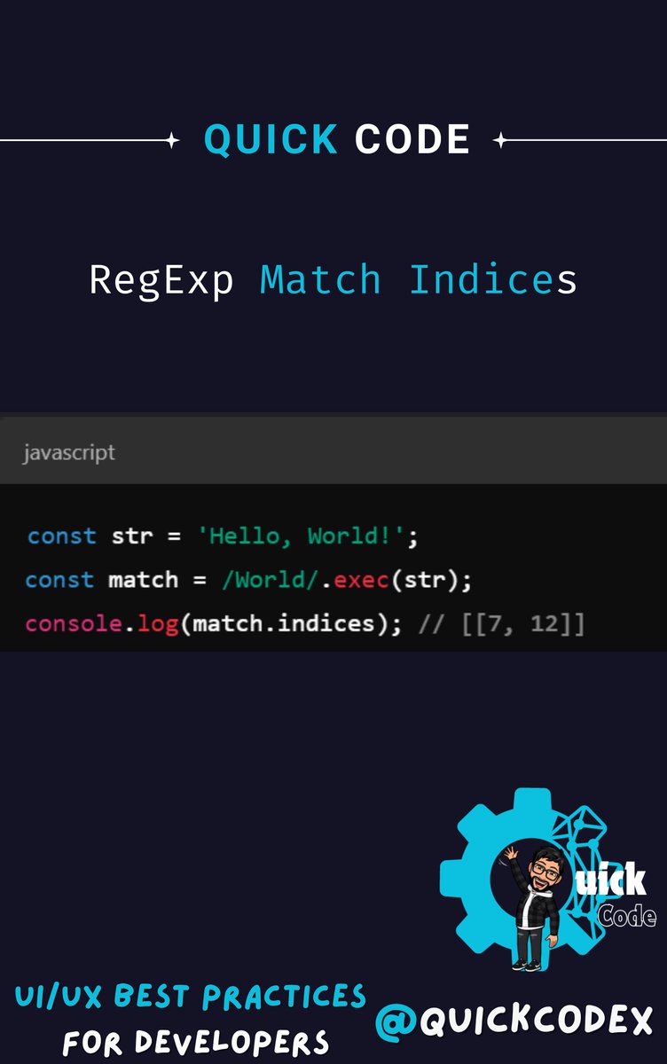 quickcodex's tweet image. Exploring ES2023 Features in JavaScript (Tweet 9)
🔧 RegExp Match Indices
Get match positions easily!
Debug regex like a pro! 🔍
#JavaScript #QuickCode #buildinpublic #100DaysOfCode