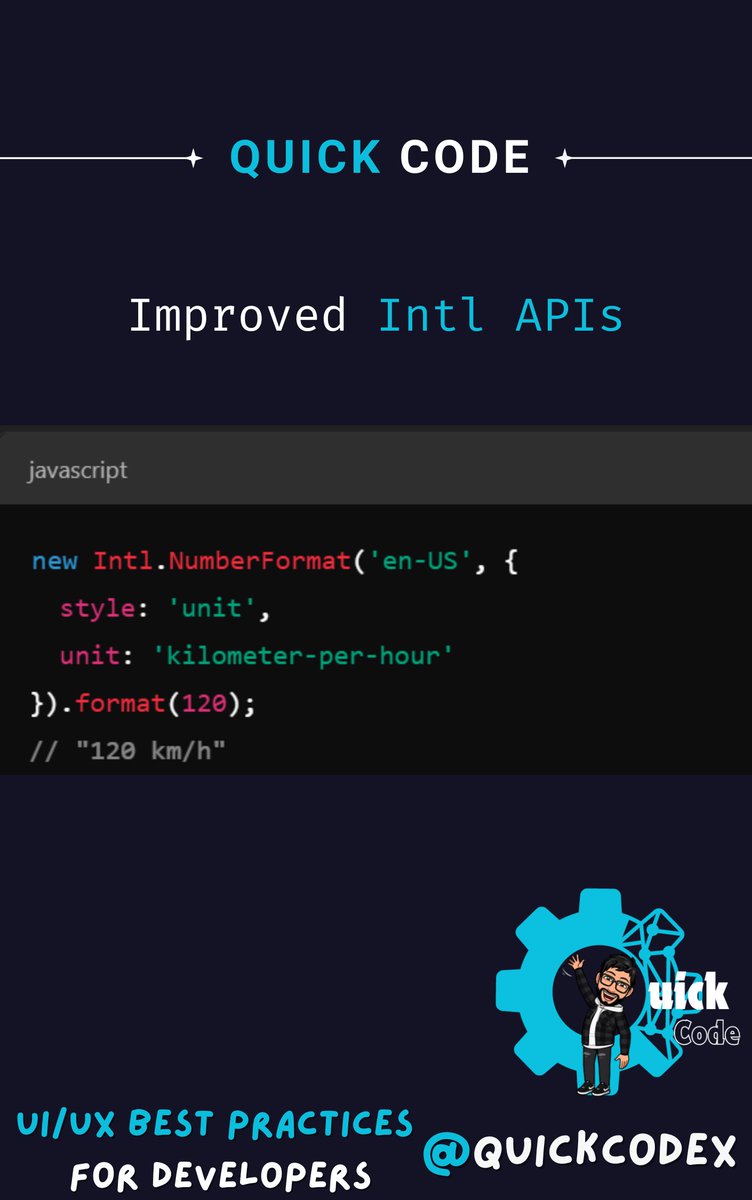 quickcodex's tweet image. Exploring ES2023 Features in JavaScript (Tweet 7)
📏 Improved Intl APIs
Handle units better with Intl.NumberFormat!
Localization made simple! 🌍
#JavaScript #QuickCode #buildinpublic #100DaysOfCode