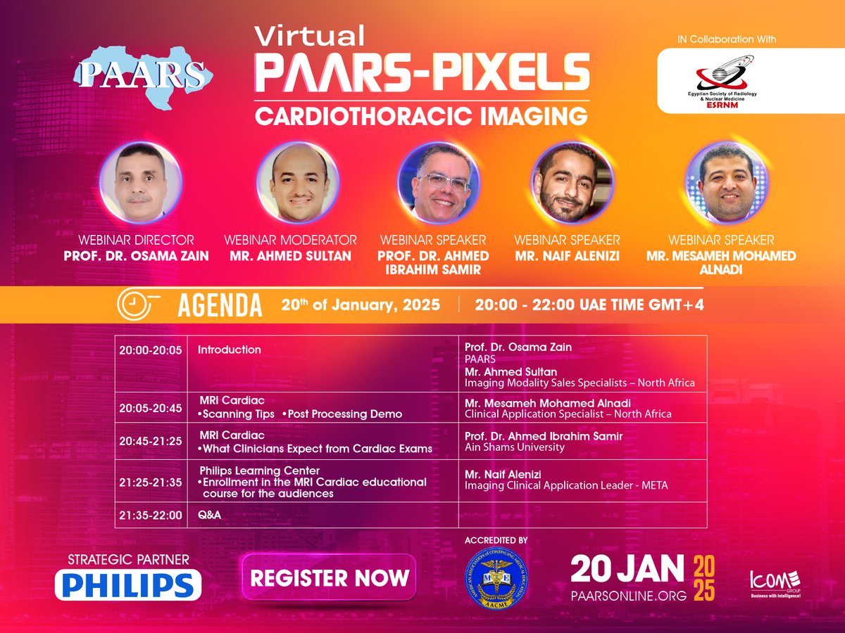 Discover the Latest in Cardiothoracic Imaging at the 5th Wave of PAARS-PIXELS
📅 January 20, 2025
⏱ 20:00 UAE Time (GMT+4)
Check out the AGENDA and secure your spot: paarsonline.org/cardiothoracic…

#PAARS2025 #radiology #cardiothoracicimaging #interventionalradiology