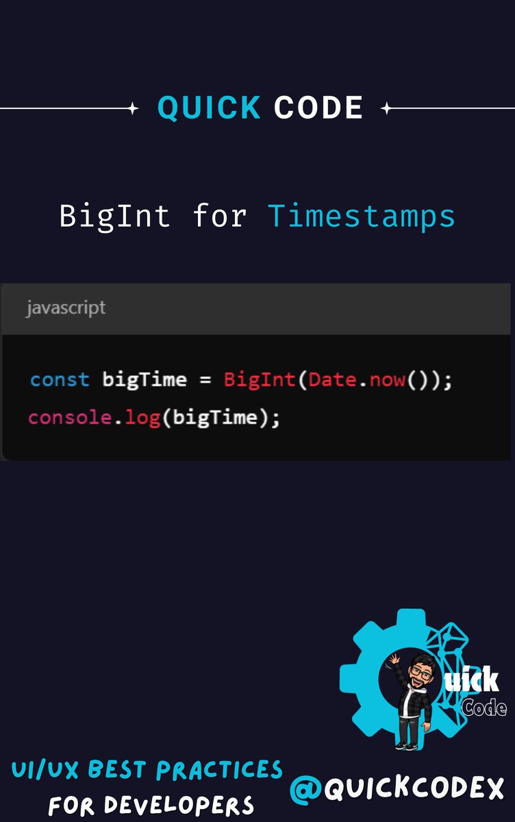 quickcodex's tweet image. Exploring ES2023 Features in JavaScript (Tweet 11)
🔢 BigInt for Timestamps
Handle large timestamps without losing precision!
Perfect for high-precision apps! 💻
#JavaScript #QuickCode #buildinpublic #100DaysOfCode