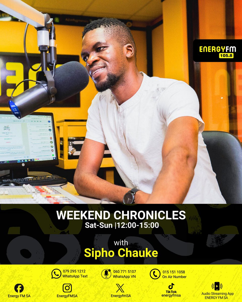 EnergyfmSA's tweet photo. Grab a chair, relax, and let the smooth sounds of Sipho Chauke set the vibe this weekend on #WeekendChronicles . Plus, enjoy some amazing conversations that'll keep you hooked! https://t.co/689rzOTsyx