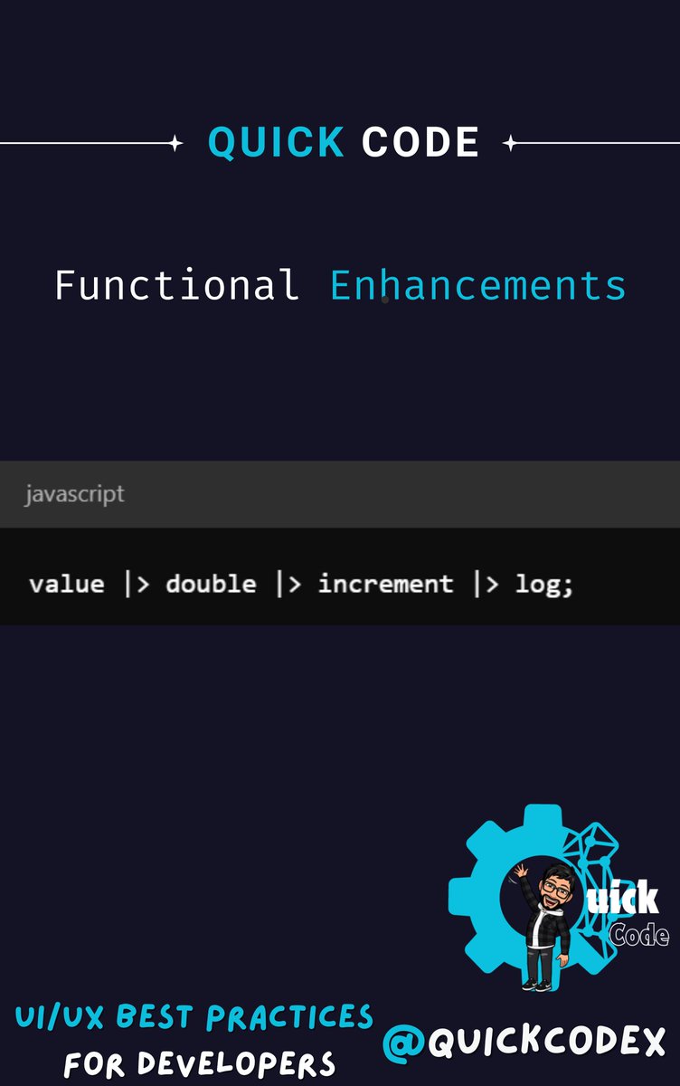 quickcodex's tweet image. Exploring ES2023 Features in JavaScript (Tweet 14)
🚀 Functional Enhancements
Pipe functions for clean chaining!
Code becomes readable and intuitive!
#JavaScript #QuickCode #buildinpublic #100DaysOfCode