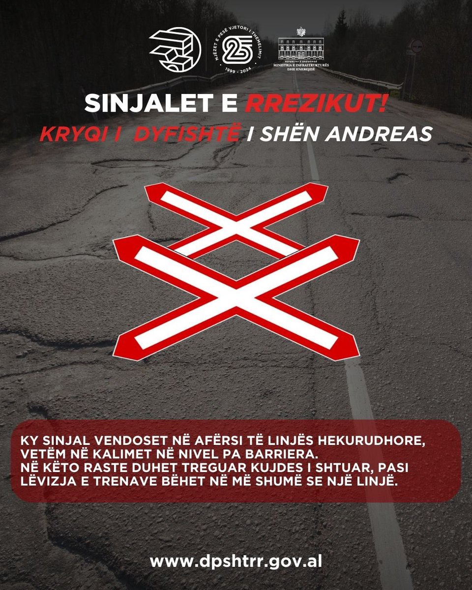 dpshtrr's tweet photo. 𝐊𝐑𝐘𝐐𝐈 𝐈 𝐃𝐘𝐅𝐈𝐒𝐇𝐓𝗘̈ 𝐈 𝐒𝐇𝗘̈𝐍 𝐀𝐍𝐃𝐑𝐄𝐀𝐒

➡️ Ku e ndeshim? 
Ky sinjal vendoset në afërsi të linjës hekurudhore, vetëm në kalimet në nivel pa barriera. https://t.co/6oEISiM2zW