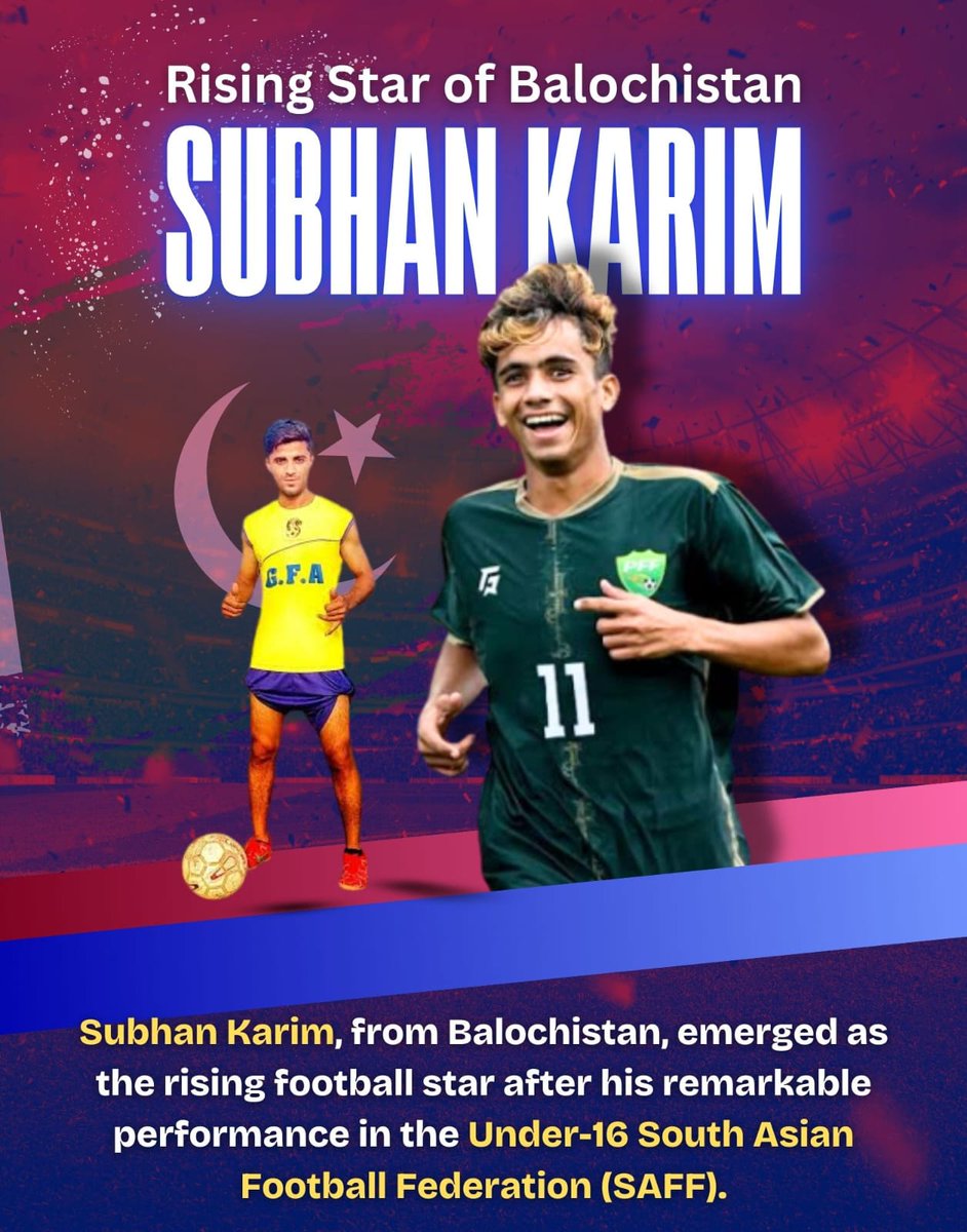 Bleed_GreenPK's tweet photo. Rising Star of Balochistan
#Subhan Karim, from #Balochistan, emerged as the rising football star after his remarkable performance in the Under-16 South Asian Football Federation (SAFF).
#StarAcademy2024
#وقف_اطلاق_النار