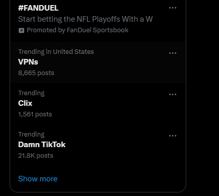 Just as I said it... VPNs and Tiktok now trending lmao 😂 The noobs are learning today.