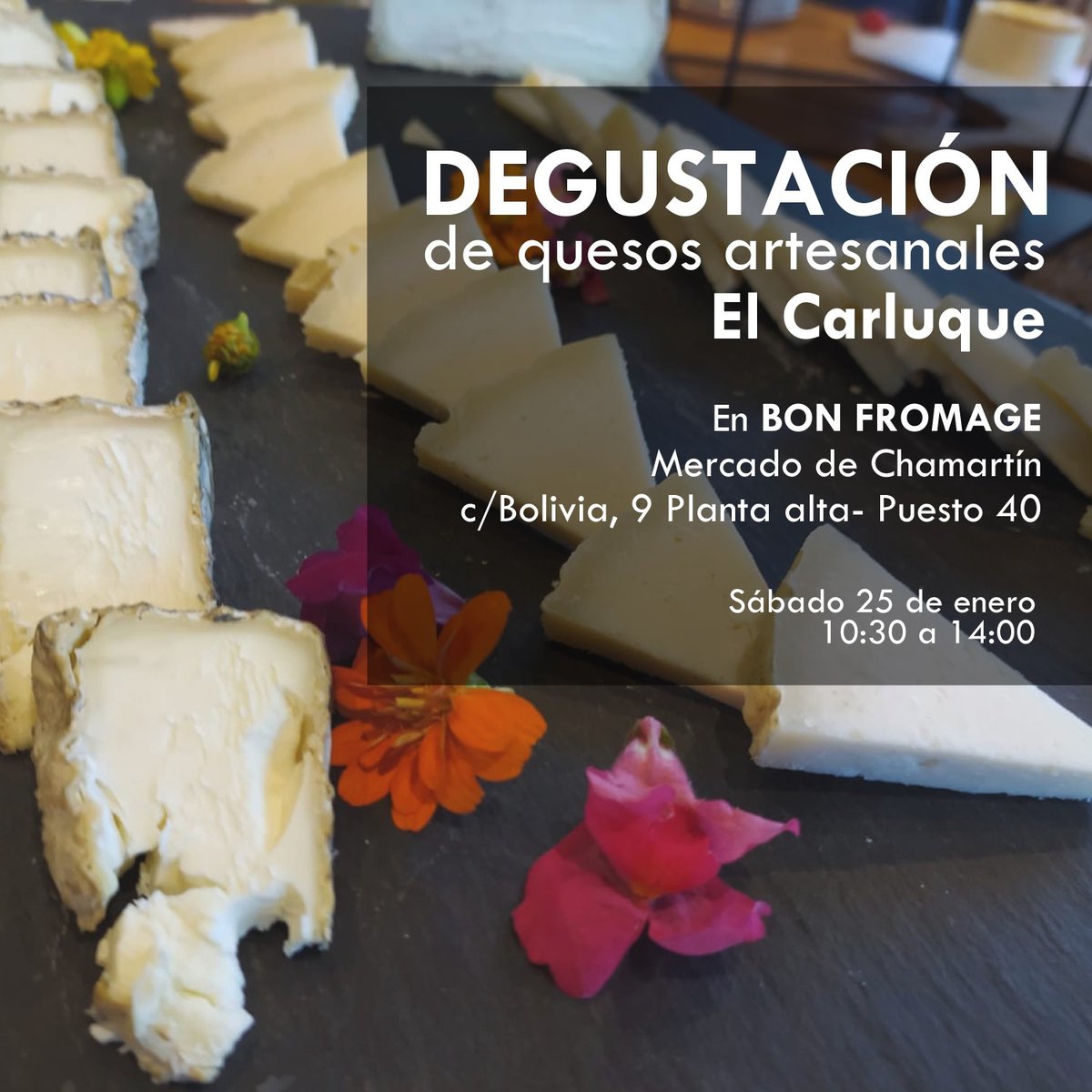 ¡Madrid!
El sábado 25 estaremos toda la mañana en Bon Fromage, en el Mercado de Chamartín, para que probéis nuestros cremosos y semicurados. ¡Os esperamos!