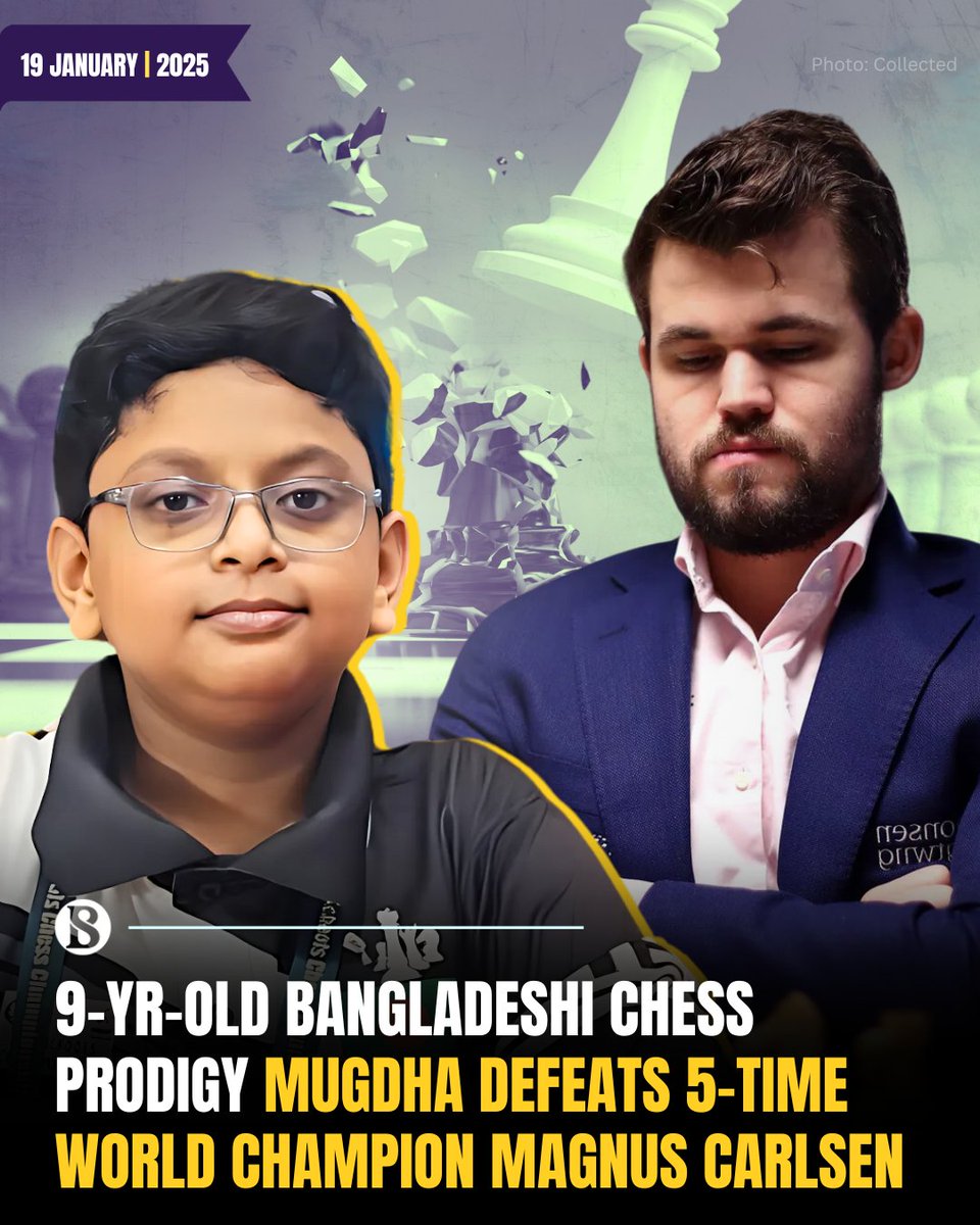 tbsnewsbd's tweet image. Ryan Rashid Mugdha, a nine-year-old chess prodigy from Bangladesh, has achieved the unimaginable by defeating five-time world champion and Norwegian grandmaster Magnus Carlsen in an online chess match.

[Link in Comments]

#chess #chessmaster #ChessProdigy #Bangladesh #TBSNews
