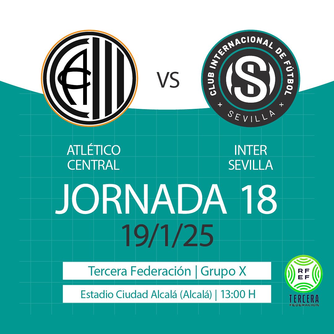 ⚔️ MATCH DAY‼️

🙂‍↔️ Derbi sevillano para empezar la segunda vuelta frente al <a href="/ClubAtlCentral/">Club Atlético Central</a> 

#InterSevilla #Tercera #TerceraRFEF #EsenciaSevilla