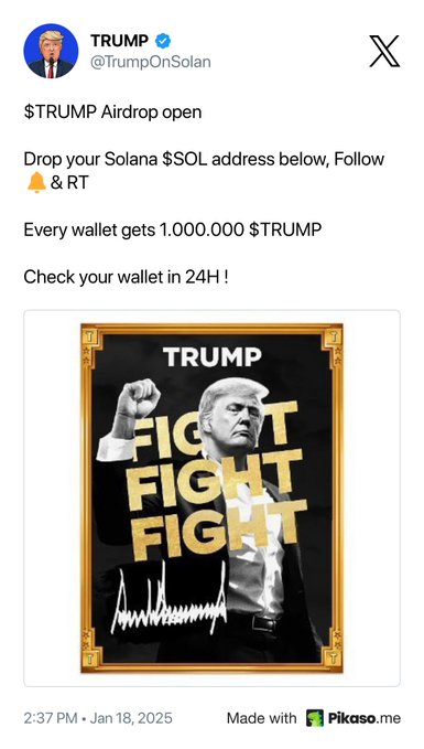 PrischenC's tweet photo. @TrumpOnSolan 8PpWvUQxq5fZyP8JVQWqnQTj7A6fjFhLnzPayMzHfzKJ

$TRUMP Airdrop open  
Drop your Solana $SOL address below, Follow🔔&amp; RT  Every wallet gets 1.000.000 $TRUMP 
Check your wallet in 24H ! https://t.co/Vqg2uF0WLG