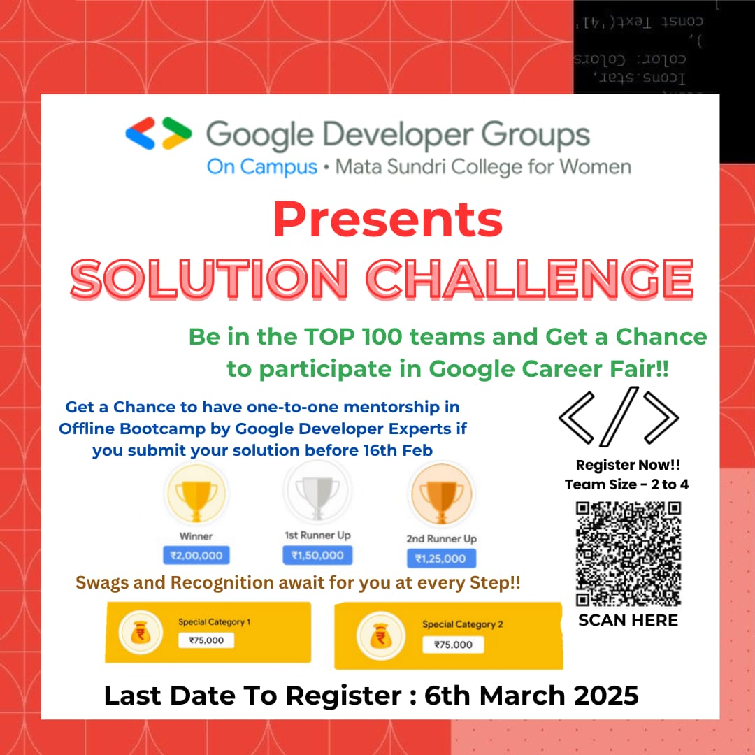 GDSC_MSCW's tweet photo. 🚀 Calling all student developers! 
👉🏻Join the Solutions Challenge and #BuildforSocialGood! 🌟

📜 Certificates at every stage
📚 Bootcamp with GDEs (submit by Feb 16)
🎁 Swags &amp; Goodies
💰 Cash Prizes: ₹2L 🏆 | ₹1.5L 🥈 | ₹1.25L 🥉 | ₹75K 🎉

Top 100: Career Fair + Swags🎉 https://t.co/777sS1xKoQ