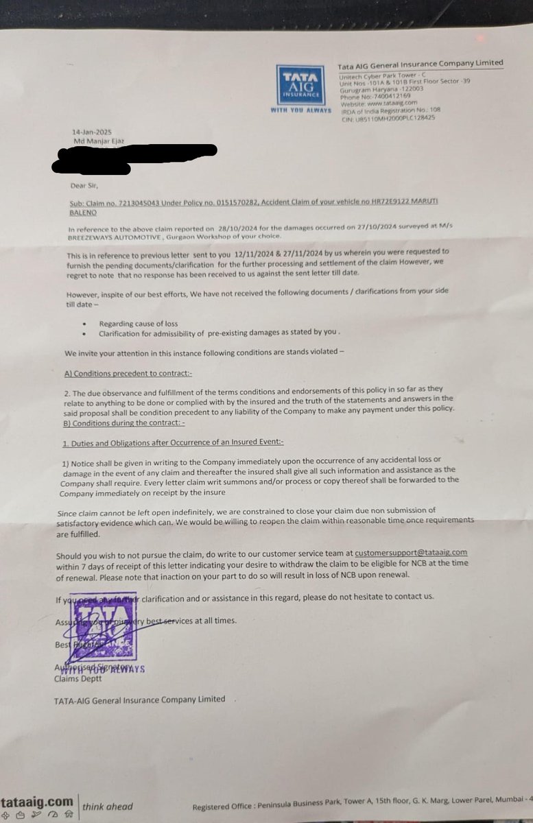 ManzarEjaz29's tweet photo. @RNTata2000 @TATAAIGIndia 
Tata AIG singlehandedly killing the legacy Late Ratan Tata left. After a month of back and forth they cannot approve claim for my MS Baleno (fyi I have a VW Polo). https://t.co/bvLHJnbdB7