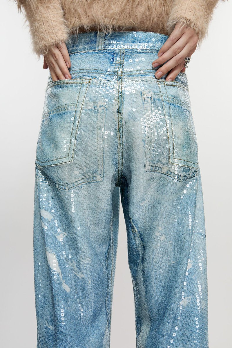 StreetFashion01's tweet photo. Printed “Sequin” Denim Pants by Acne Studios (2025) https://t.co/GplVPrhLuX