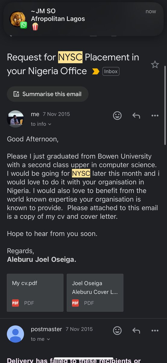 joeloseiga's tweet photo. I sent this email to every single company in Lagos that seemed like they knew what they were doing back in the day.

From Interswitch to DSTV to MTN and Jumia. 

I have almost 250 of these emails in my mailbox.

Many replied and many set up calls and were willing to have me in. https://t.co/Dl0oIPKDVD