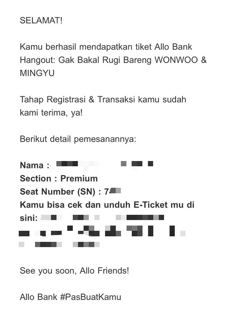 ericyoungjse's tweet photo. WTS Tiket Allobank Hangout Gak Rugi Bareng Wonwoo &amp; Mingyu

🎫 Premium 1 ticket sn 7xx (row 12/13) 
🎫 Advanced floor 1 ticket sn 9x (row 1/2)
💰 dm
✅ DP/cicilan
✅ terima jadi wristband
✅ more info dm me^^

Tags meet and greet MnG minwon https://t.co/EqaA6j9CVs