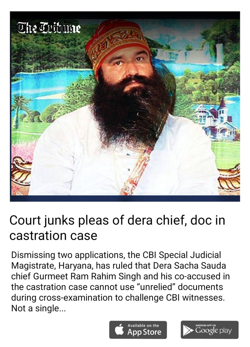 Bhartesh Singh Thakur (@bharteshthakur) on Twitter photo Dera chief Gurmeet Ram Rahim Singh has been successful in delaying the castration case against him, says trial court judge. Not even a single witness has deposed completely in past 6 yrs
<a href="/jomalhotra/">Jyoti Malhotra</a> <a href="/thetribunechd/">The Tribune</a>
tribuneindia.com/news/india/cou… Dera chief Gurmeet Ram Rahim Singh has been successful in delaying the castration case against him, says trial court judge. Not even a single witness has deposed completely in past 6 yrs
<a href="/jomalhotra/">Jyoti Malhotra</a> <a href="/thetribunechd/">The Tribune</a>
tribuneindia.com/news/india/cou…