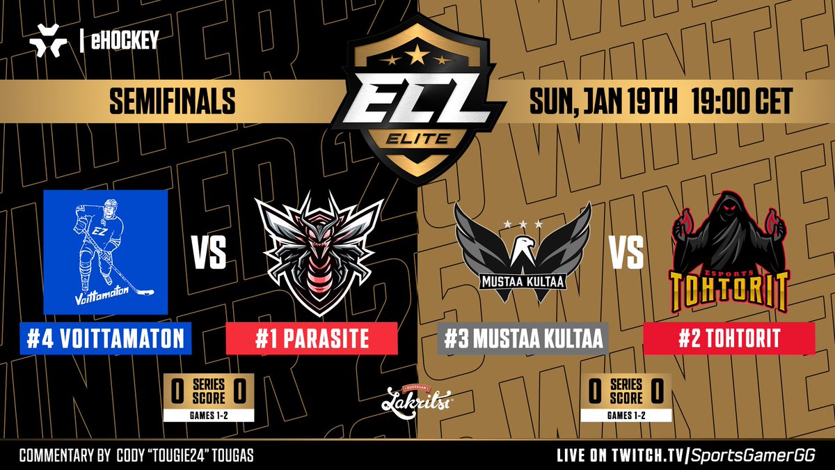 🔥 The #ECL25Winter Elite Semifinals kick off tonight!

The teams battle for a spot in the LAN finals:
🟦 @VoittamatonNHL vs 🐝 <a href="/ParasiteNHL/">Parasite</a>
🦅 <a href="/MustaaKultaaNHL/">Mustaa Kultaa</a> vs 🩺 <a href="/tohtoritesports/">Tohtorit 🧙🏽‍♂️</a>

📺 twitch.tv/SportsGamerGG
⏰ 19:00 CET
🎙️ <a href="/Tougie24/">Tougie24</a>

#eHockey | #NHL25 | #KouvolanLakritsi