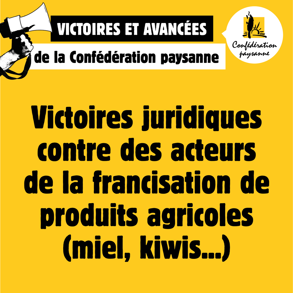 Conf_pays13's tweet photo. ✅ VICTOIRES ET AVANCÉES DE LA CONFÉDÉRATION PAYSANNE ✊

👀 VICTOIRE N°5 : Victoires juridiques contre des acteurs de la francisation de produits agricoles.

🗳 DU 15 AU 31 JANVIER 2025, VOTONS MASSIVEMENT CONFÉDÉRATION PAYSANNE ! ✊ https://t.co/iVCu6189zP