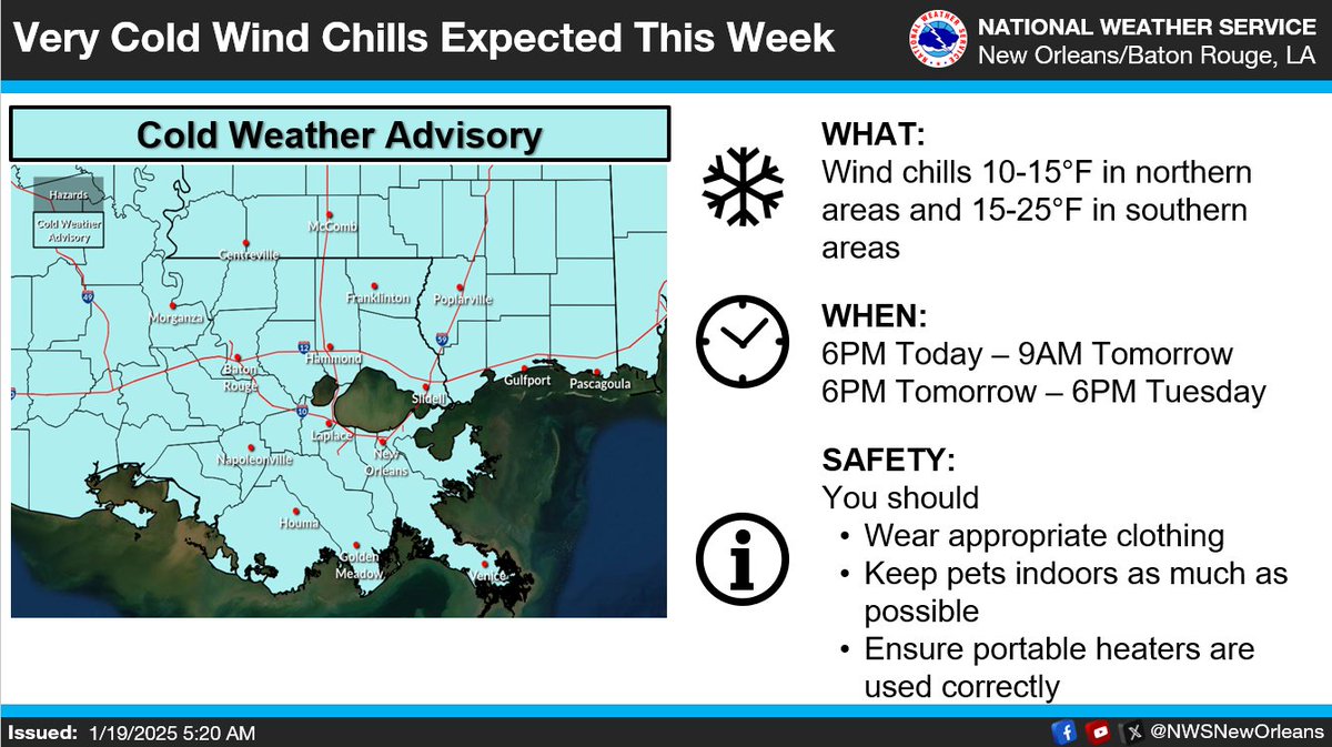 NWSNewOrleans's tweet photo. Here's the latest on the upcoming winter storm. Cold weather impacts will be greatest Monday through Thursday, but hazardous travel is expected Tuesday and into Wednesday due to wintry precipitation. Please use today to make any necessary preparations! #lawx #mswx https://t.co/XDJev8mnt5