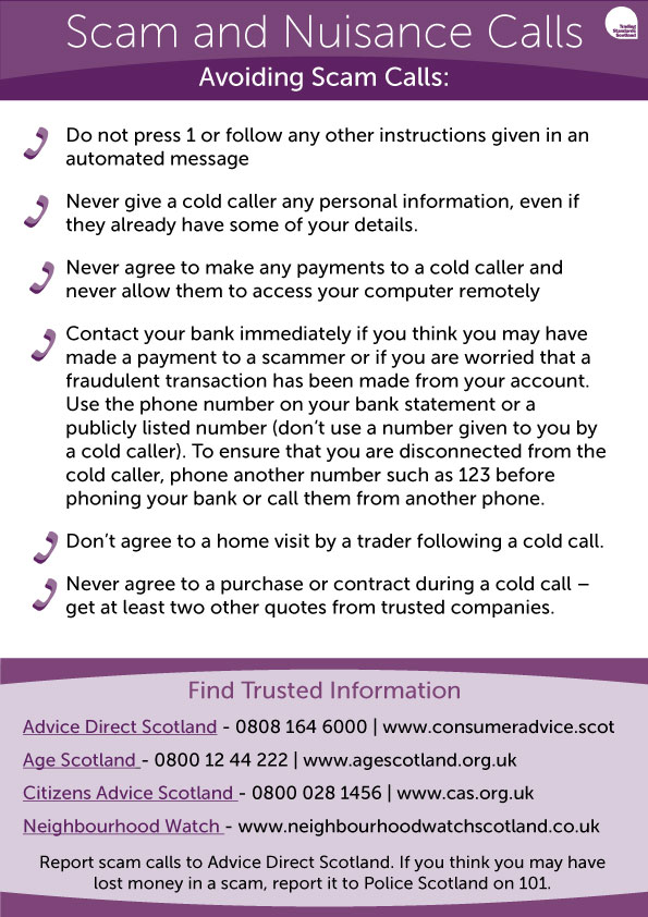 TSScot's tweet image. Do you have friends or relatives who are bothered by scam calls?

Our PDF with information about common scam calls and how to avoid them can be printed off for those who are not online 👇  #ScamShare #ScamAware

tsscot.co.uk/wp-content/upl…