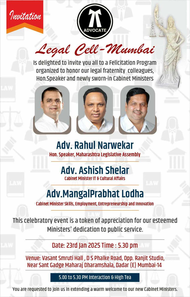 vivekanandg's tweet photo. Legal Cell, Mumbai invites all advocates for a grand felicitation program to honour our Advocate colleagues @rahulnarwekar
appointed as Speaker,Cabinet Ministers @ShelarAshish @MPLodha Maharashtra.
Details 👇 https://t.co/8NmjUOx8vi