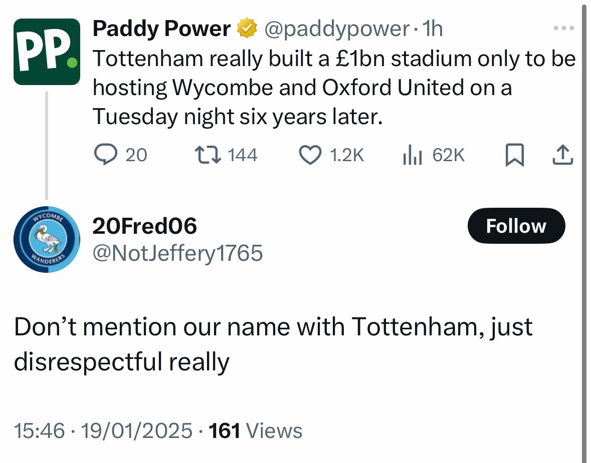 paddypower's tweet image. Fair enough. Apologies to all Wycombe fans.