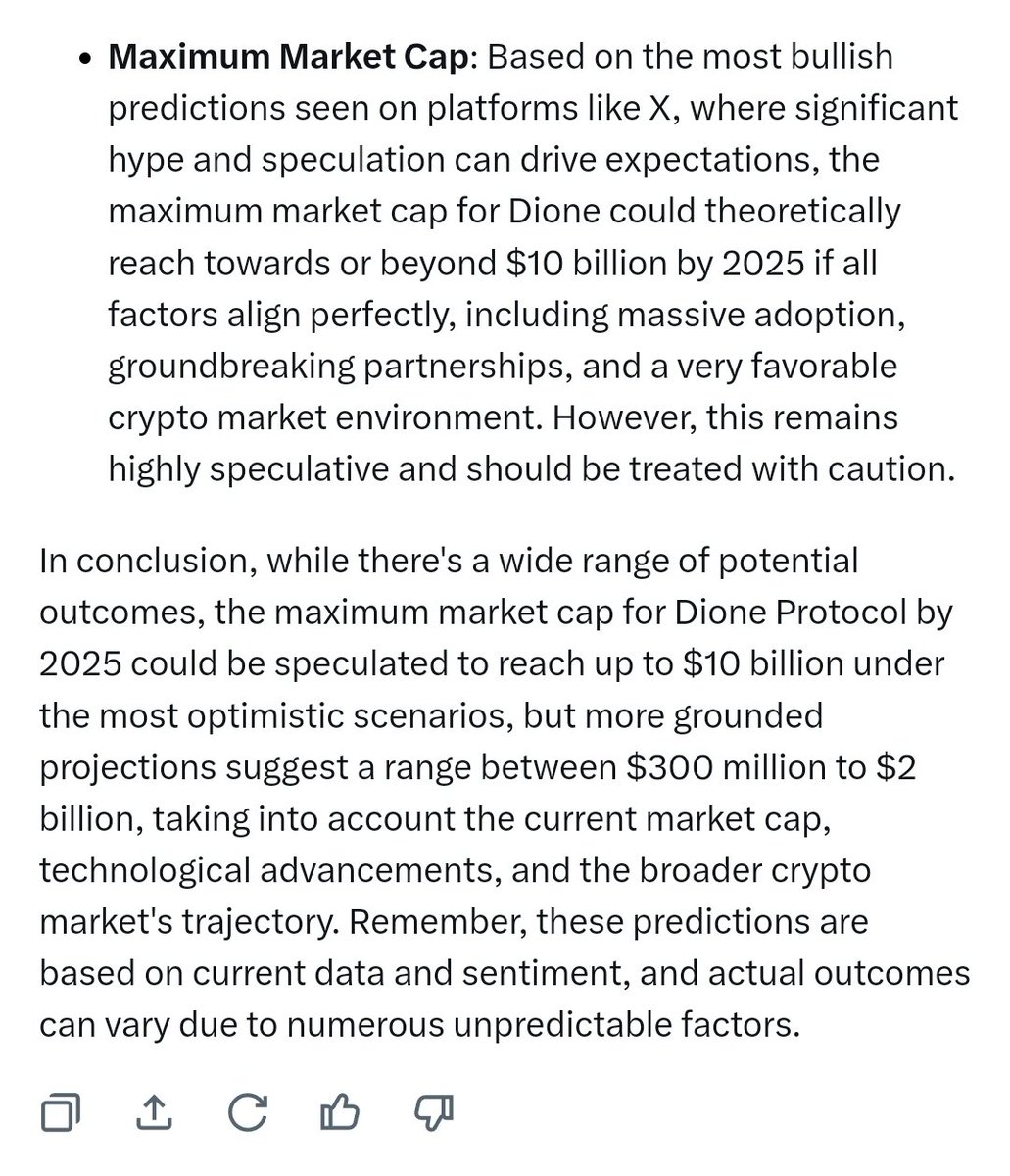 Crypto1ones's tweet photo. ✅ I asked Grok about the projected Mcap for $Dione

@DioneProtocol is currently at a 38m Mcap
You WON'T believe the outcome!

All I can say is, NOW is the best opportunity to buy, expecting a very conservative 10x and potentially a 200x or more! With 50x being very realistic ⬇️ https://t.co/EJbqnKTU9C