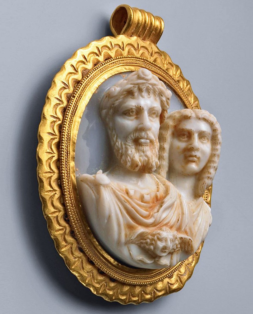 Incredible depth of relief on this Roman sardonyx cameo depicting the emperor Septimius Severus and his wife Julia Domna, set inside an ornate gold pendant, 207-211 AD. 'Luxury: Treasures of the Roman Empire' Exhibition, Nelson-Atkins Museum of Art.
