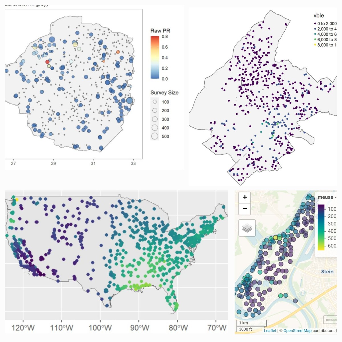 Spatial prediction methods for geostatistical data such as disease prevalence 🪰, precipitation 🌧️, contaminants 🏭, household prices 🏡 

🔗paulamoraga.com/book-spatial/s…

#rstats #rspatial #GISChat