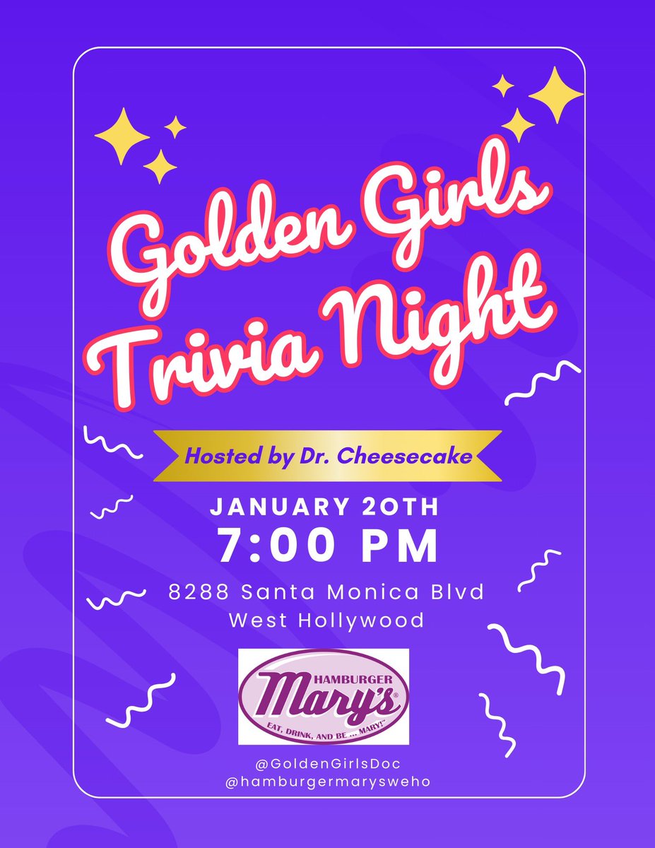 Dr. Cheesecake (@goldengirlsdoc) on Twitter photo Golden Girls Trivia TOMORROW! #westhollywood #goldengirls See you there!! <a href="/MarysWeho/">Hamburger Marys West Hollywood</a> <a href="/DanielleSoto617/">Danielle Soto</a> Golden Girls Trivia TOMORROW! #westhollywood #goldengirls See you there!! <a href="/MarysWeho/">Hamburger Marys West Hollywood</a> <a href="/DanielleSoto617/">Danielle Soto</a>