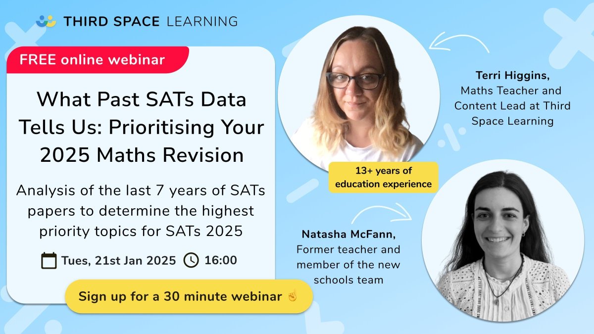 thirdspacetweet's tweet photo. Want to know which topics to prioritise for 2025 SATs? 💡

Join our FREE webinar where former teachers Terri Higgins &amp; Natasha McFann share insights from 7 years of SATs data.
🗓️ Tues 21st Jan | ⏰ 4pm
Don’t miss out! Sign up: https://t.co/jni1egBjlT https://t.co/zXKxnvZo4r
