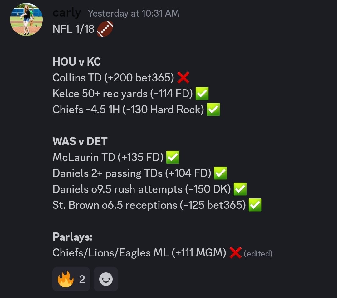carlyonsports's tweet image. #NFL    VIP Recap 1/18 🏈
💰 6-2 • +4.39u • 47.8% ROI 💰

Not a bad way to kick off the Divisional Round! We're up +17.33 units overall for the #NFLPlayoffs, oh, and I'm giving away all my plays FREE to our @HighStakesVIP members! 🤯

Click the link to join my free Discord…