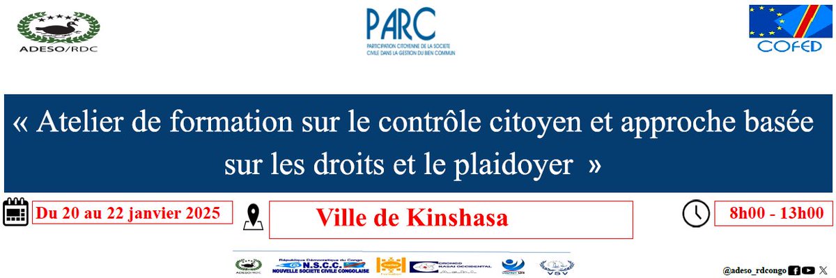 adeso_rdcongo's tweet photo. 📢 ANNONCE | Dans le cadre de la mise en œuvre du projet #PARC, du Lundi 20 au Merc 22 Janv 2025,  @adeso_rdcongo va organiser dans la commune de #Kinshasa une session de formation sur le contrôle citoyen et approche basée sur les droits et le plaidoyer, de 8h a 13h🕔 https://t.co/JdbOO3mc0R