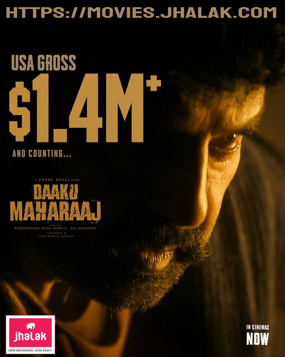 JhalakPortal's tweet photo. #DaakuMaharaaj has crossed $1.4 Million+ gross, continuing its unstoppable hunt at the box office with no signs of slowing down🇺🇸🔥

Racing Towards $1.5 Million💥

#BlockbusterHuntingDaakuMaharaaj

💥Book your tickets in USA ▶️!
🔗 https://t.co/Ju5qEbe7Ia 💥🎬 https://t.co/Ks1vmLLzGY