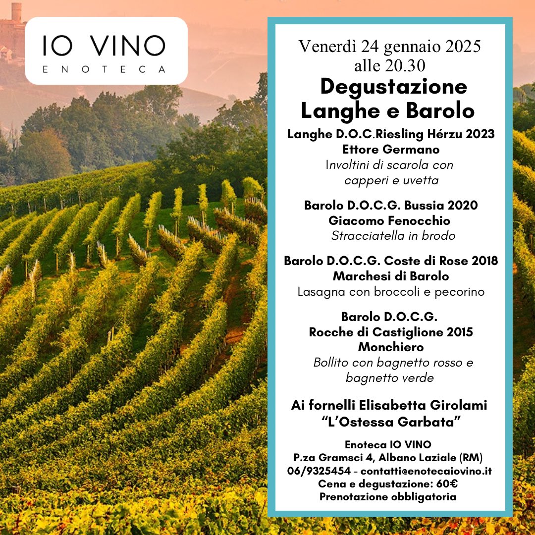 Amici Winelovers,

Dopo il successo con Ornellaia, vi proponiamo un viaggio nelle Langhe con il re dei vini: il Barolo!

📍 Enoteca IO VINO
🗓 Cena + degustazione
💶 60 €
📞 Prenota: 06/9325454

Scopri i dettagli 👇
#enotecaiovino #Barolo #degustazione