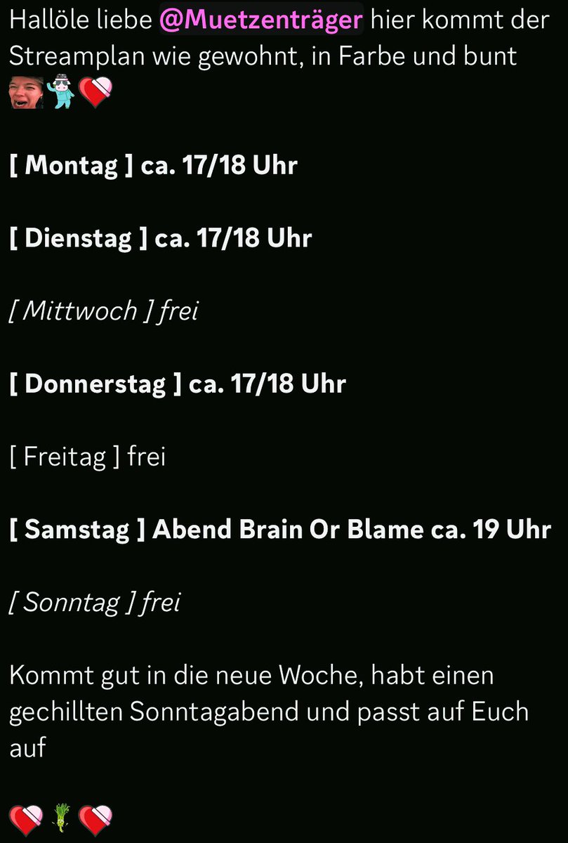 Neuer Wochenplan für die kommenden #twitchstream Woche 🤗❤️