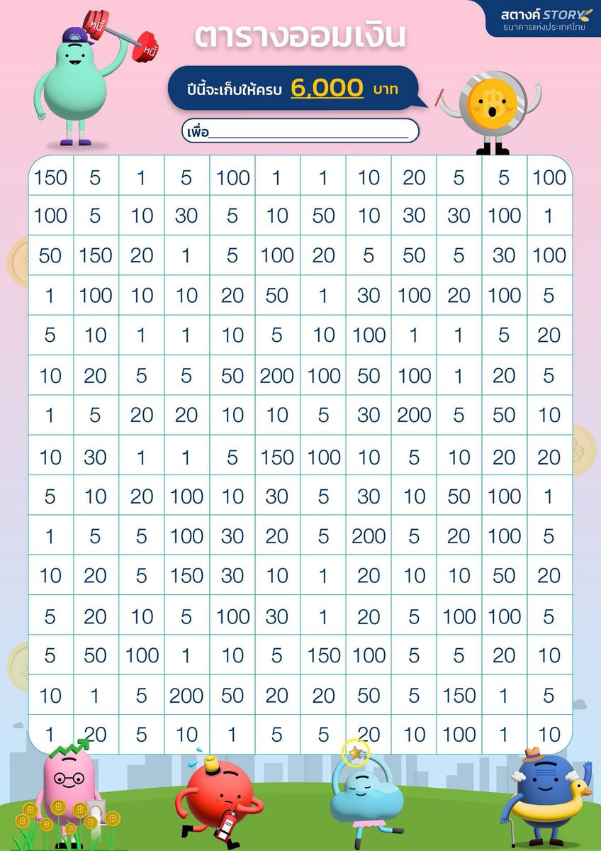 แปะตารางออม 6,000 กับ 10,000 มาให้ มี 180 ช่อง จะหยอด 6 เดือนหรื 1 ปีก็ได้ ไม่จำเป็นต้องหยอดทุกวัน