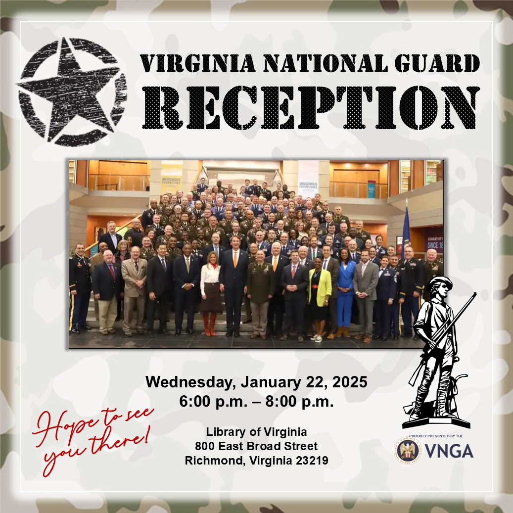 Virginia National Guard Association (@vnga1960) on Twitter photo Hope to see all our friends and General Assembly members on Wed, Jan. 22, at the <a href="/LibraryofVA/">Library of Virginia</a>! <a href="/timkaine/">Tim Kaine</a> <a href="/MarkWarner/">Mark Warner</a> <a href="/RobWittman/">Rep. Rob Wittman</a> <a href="/JenKiggans/">Jen Kiggans</a> <a href="/JennMcClellanVA/">Jennifer McClellan</a> <a href="/JohnMcGuire4VA/">John McGuire</a> <a href="/Cline4Virginia/">Ben Cline</a> <a href="/YVindman/">Eugene Vindman</a> <a href="/RepDonBeyer/">Rep. Don Beyer</a> <a href="/RepMGriffith/">Morgan Griffith</a> <a href="/SuhasforVA/">Suhas Subramanyam</a> <a href="/GerryConnolly/">Rep. Gerry Connolly</a> <a href="/BobbyScott/">Rep. Bobby Scott</a> Hope to see all our friends and General Assembly members on Wed, Jan. 22, at the <a href="/LibraryofVA/">Library of Virginia</a>! <a href="/timkaine/">Tim Kaine</a> <a href="/MarkWarner/">Mark Warner</a> <a href="/RobWittman/">Rep. Rob Wittman</a> <a href="/JenKiggans/">Jen Kiggans</a> <a href="/JennMcClellanVA/">Jennifer McClellan</a> <a href="/JohnMcGuire4VA/">John McGuire</a> <a href="/Cline4Virginia/">Ben Cline</a> <a href="/YVindman/">Eugene Vindman</a> <a href="/RepDonBeyer/">Rep. Don Beyer</a> <a href="/RepMGriffith/">Morgan Griffith</a> <a href="/SuhasforVA/">Suhas Subramanyam</a> <a href="/GerryConnolly/">Rep. Gerry Connolly</a> <a href="/BobbyScott/">Rep. Bobby Scott</a>