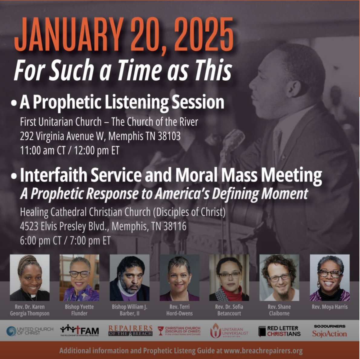 “For Such A Time As This” calls us to action. Unite with faith leaders, community organizers, and people of goodwill in Memphis on January 20. Attend the morning Listening Session and the evening Interfaith Service &amp; Moral Mass Meeting. Educate, Mobilize, and Organize! Text